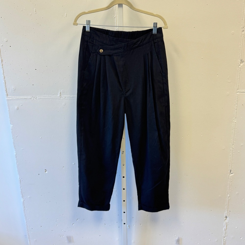 MABLE Black Pleated High Waist Crossover Tapered Cropped Pants MP6040 Small